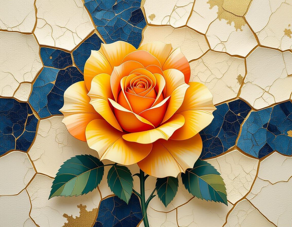 Kintsugi Rose in Cubist Goldenpunk Style