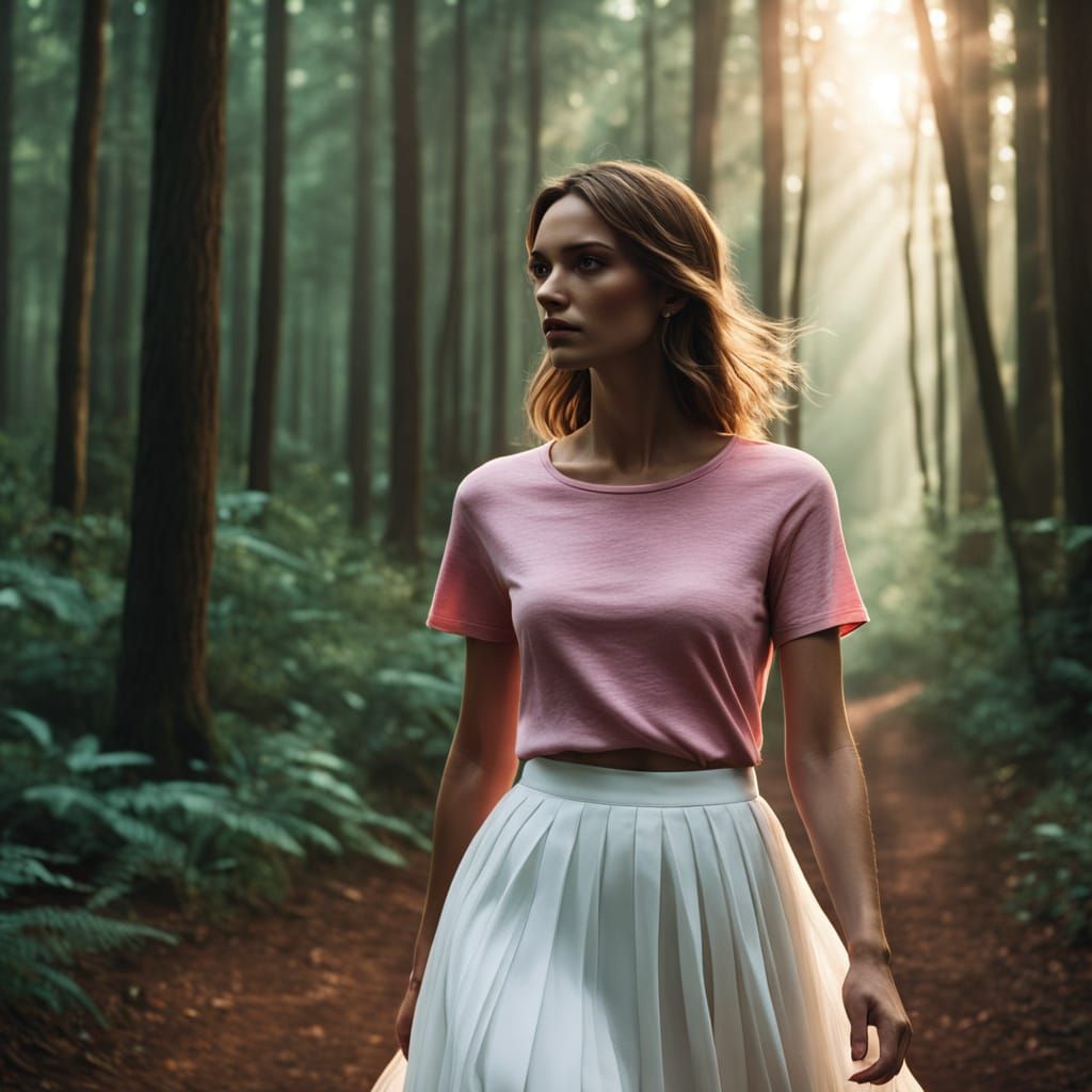 Young Woman on Forest Path: Cinematic Film Still