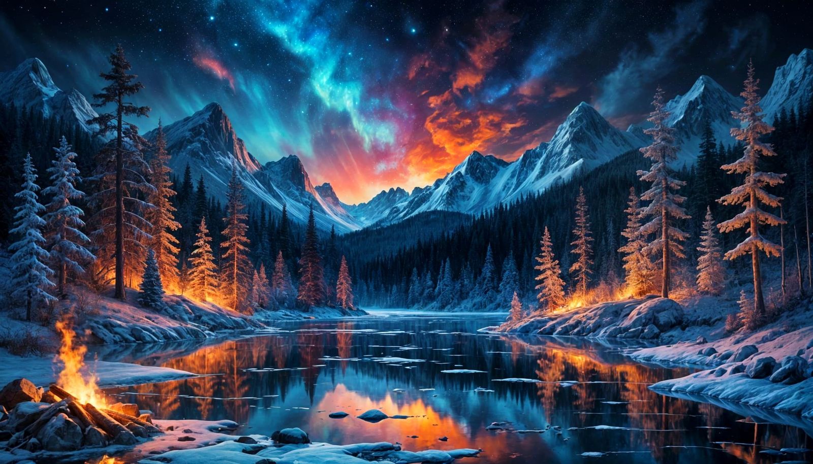 Winter Cosmic Landscape Painting in Vibrant Colors