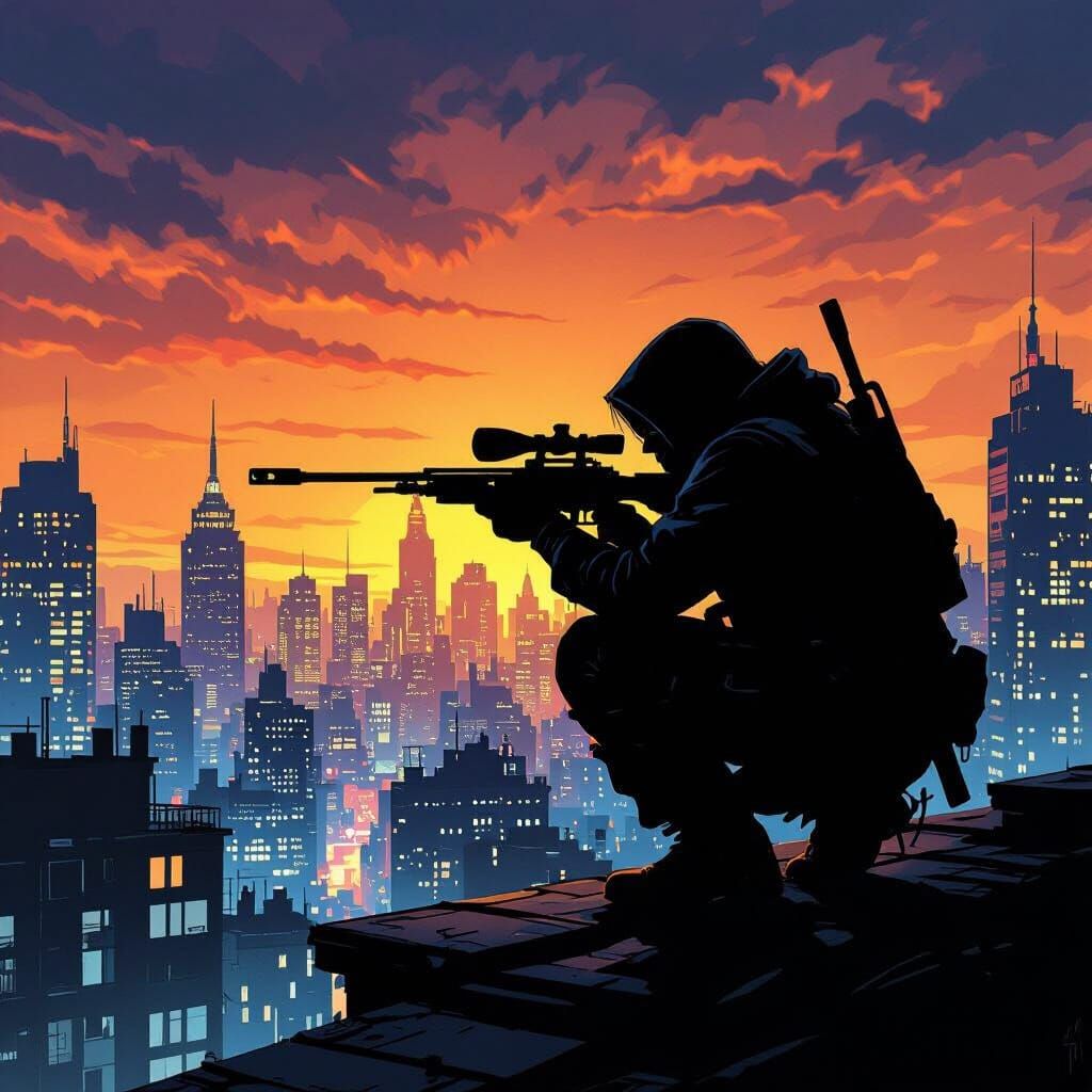 Shadowy Sniper on Neon Rooftop in Neo-Noir Style