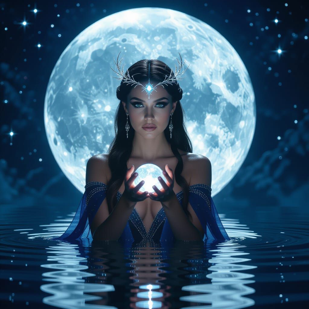 Mystic Goddess Lunara Reflects in Celestial Pool