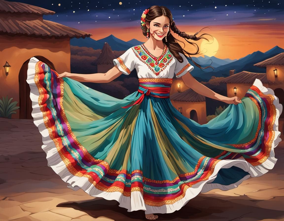Brunette Dancer in Traditional Mexican Dress, Hyperrealistic
