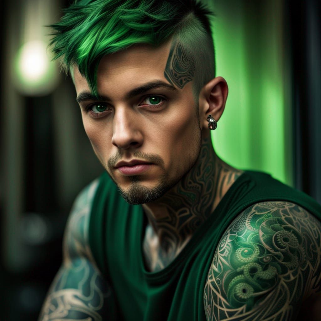 Handsome Green-Haired Student Portrait in Hyperrealistic Sty...