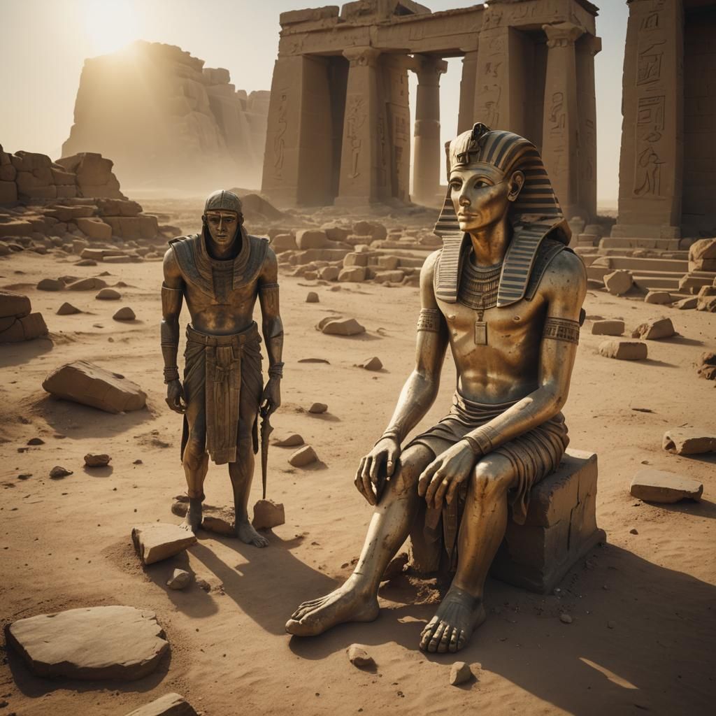 Desert Ruins: Broken Statue Legs in Golden Light