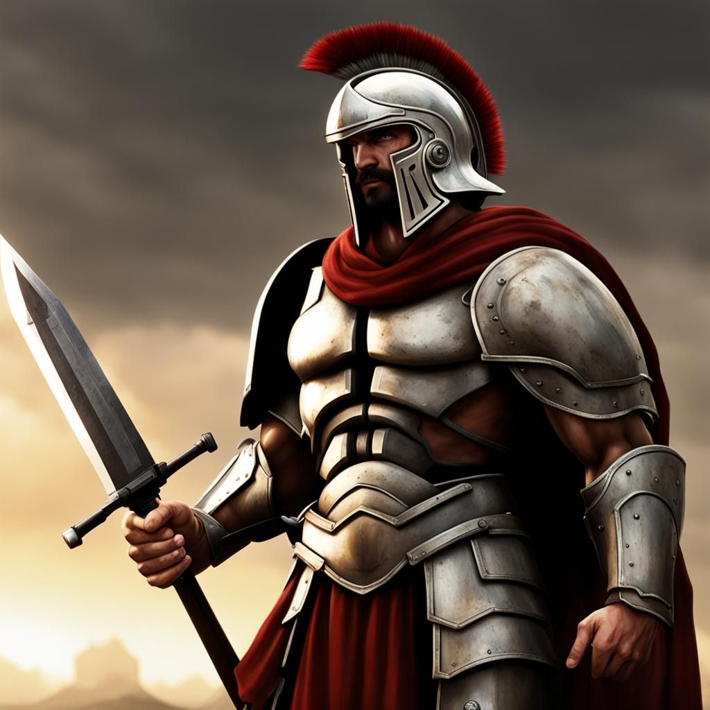 Quiero ver a un spartan epico como Leonidas con una armadura desgastad pero trinfante despues de una dura batalla.