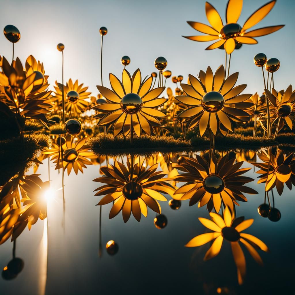 Golden Mirror Sunflowers in Cinematic Style