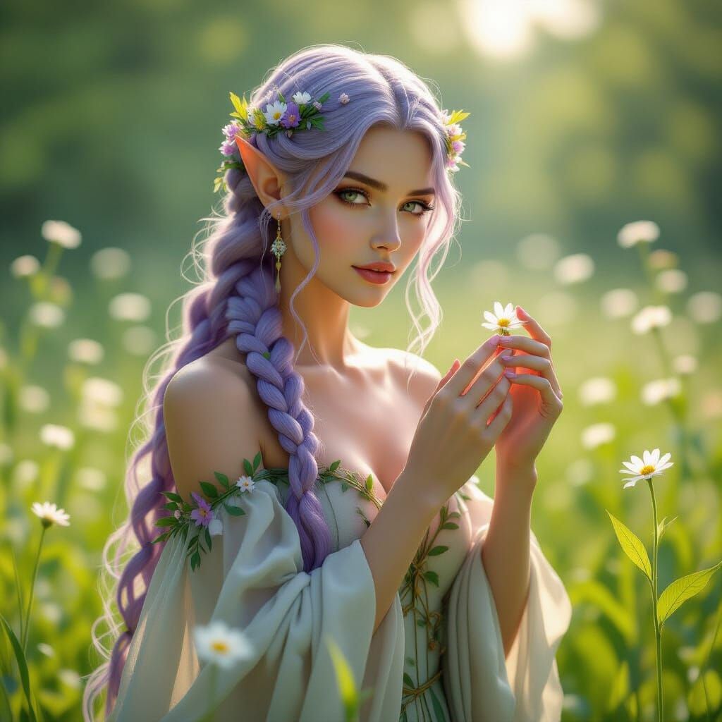 Elven Woman in Meadow: Art Nouveau and Hyperrealism