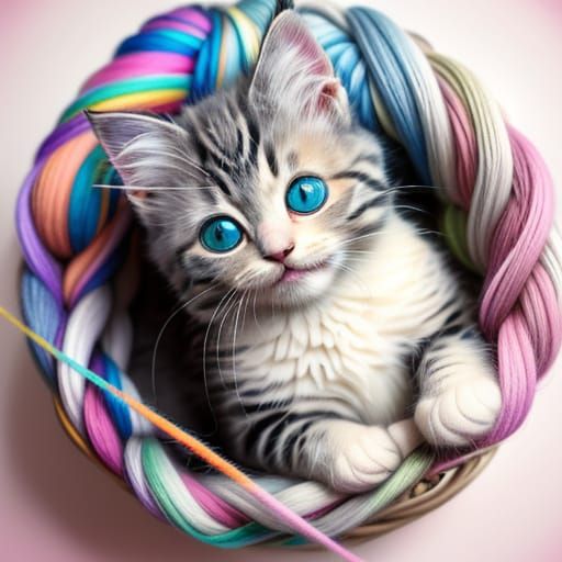 Fluffy Kitten Playing with Yarn: Professional Portrait Photo...