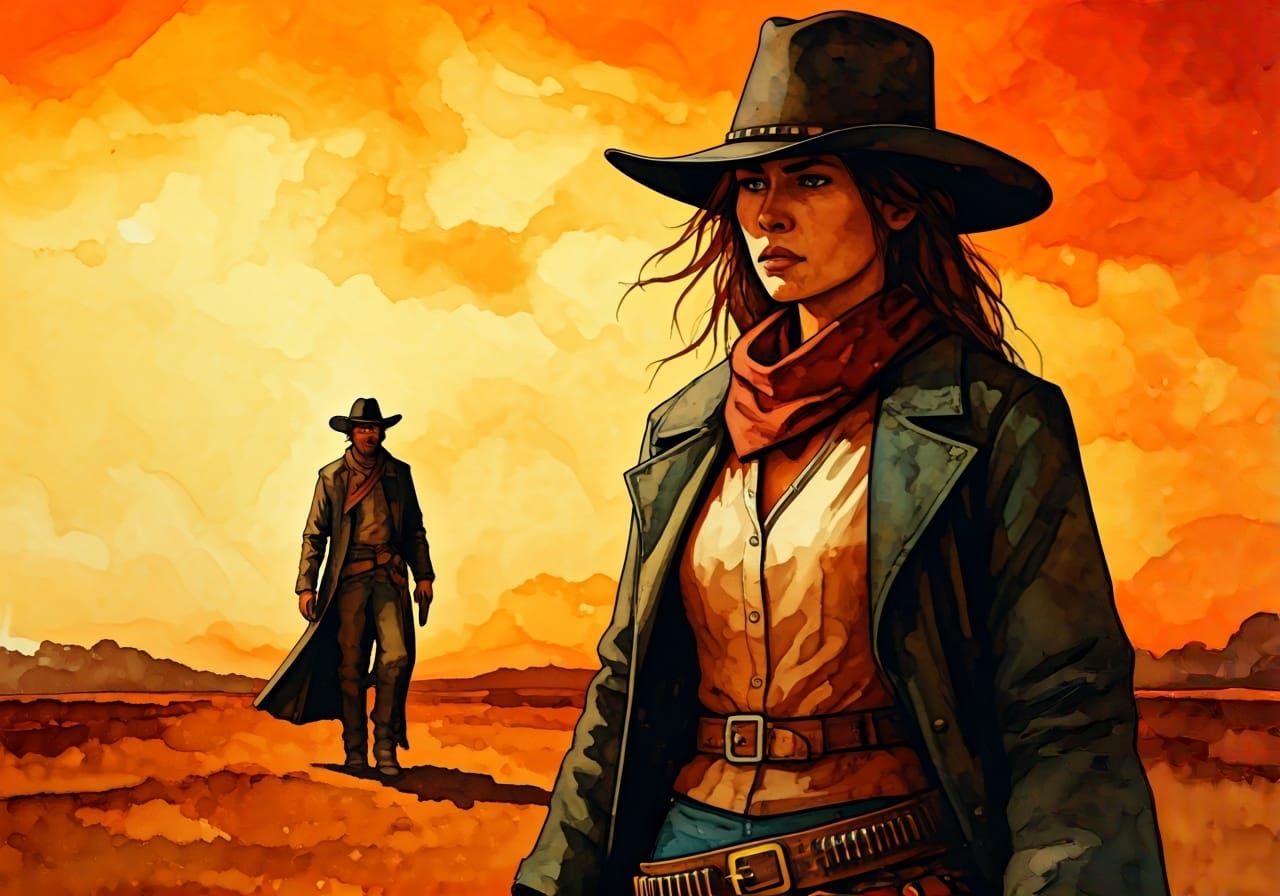 Gunslingers Duel at Magic Hour in Watercolor Style
