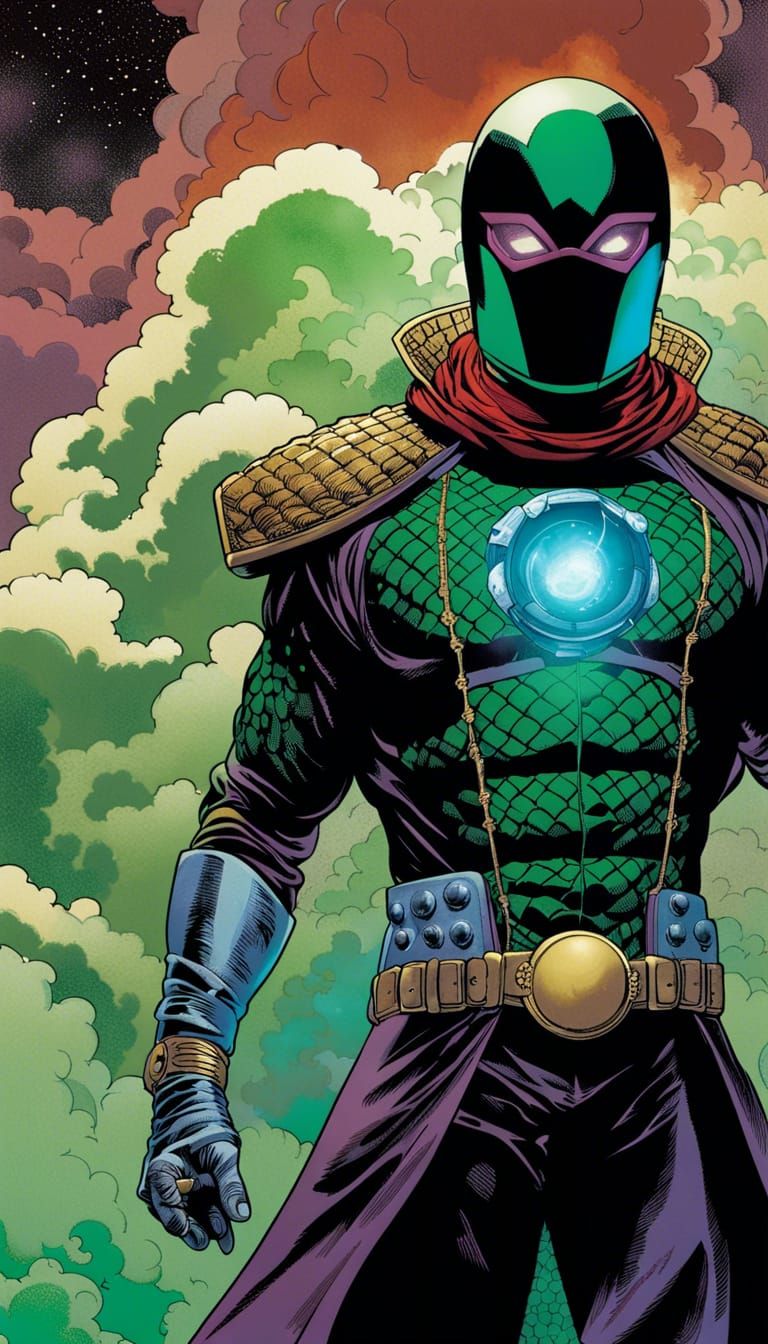 Full body portrait of Marvel’s Mysterio wearing fishbowl gla...