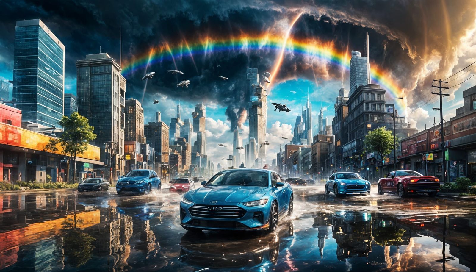 Hyperrealistic Rainbow Over Sci-Fi Cityscape
