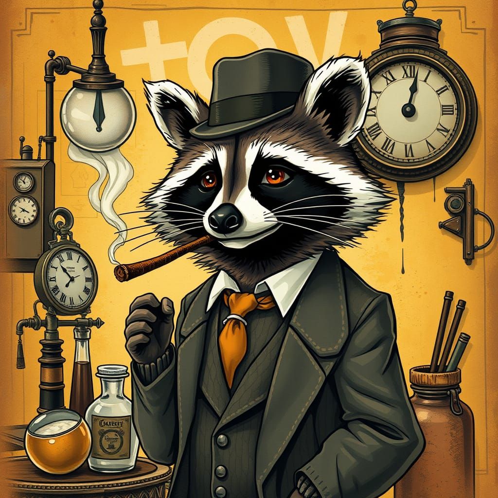 Sophisticated Raccoon Smokes Cigar in Vintage Atmosphere
