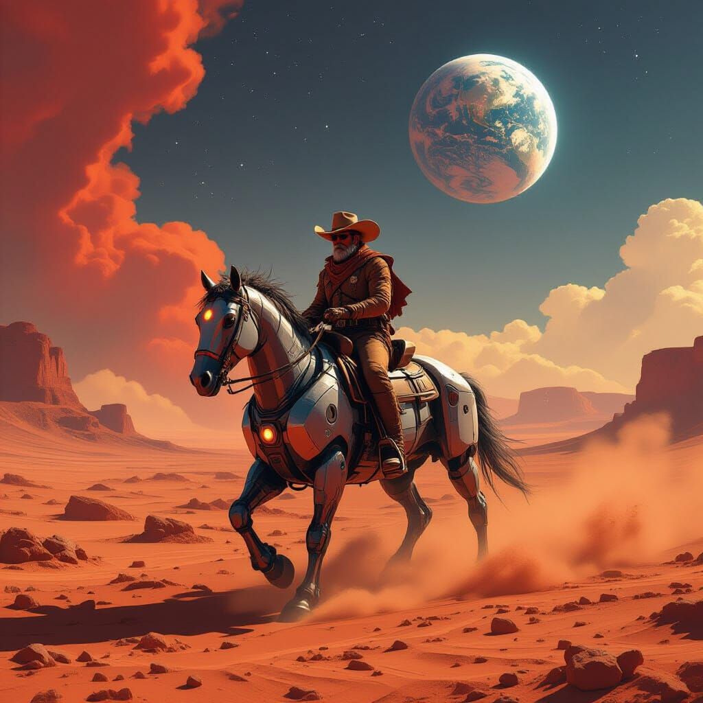 Cowboy Rides Robotic Horse on Mars in Digital Illustration S...