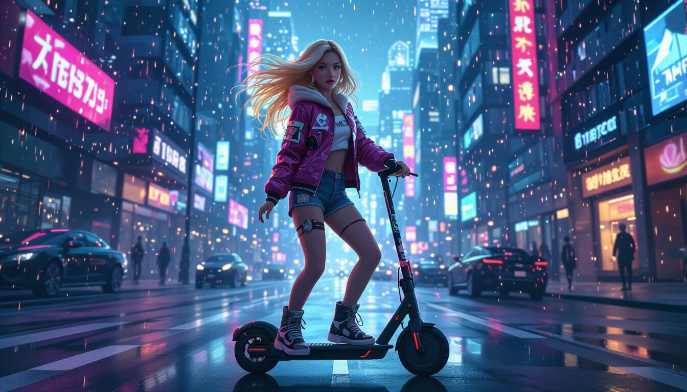 Dancing Blonde Girl on Scooter in Fantasy Art Style