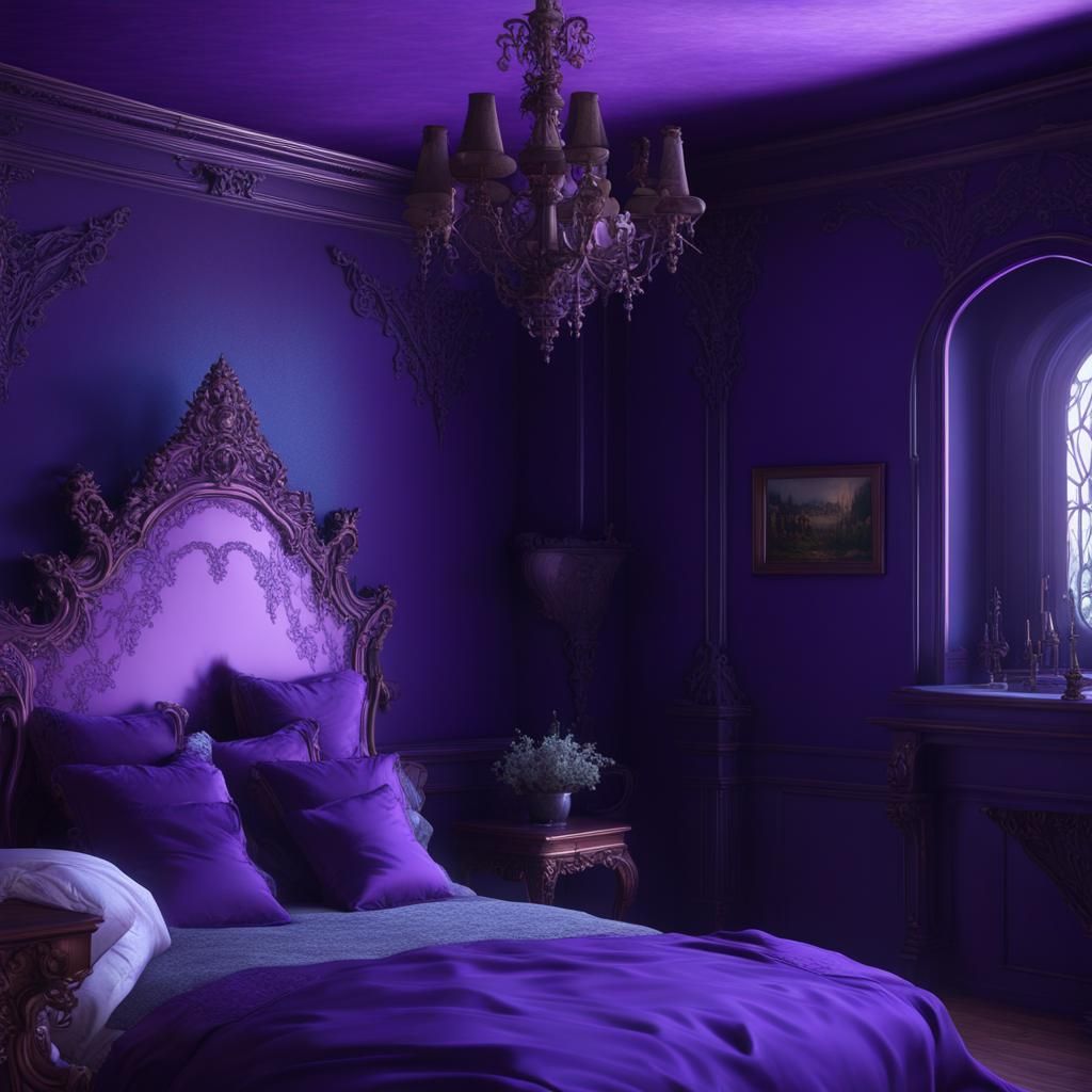 Vibrant purple gothic Victorian bedroom with vibrant purple walls and purple Gothic bed& photorealistic magnificent sunn...