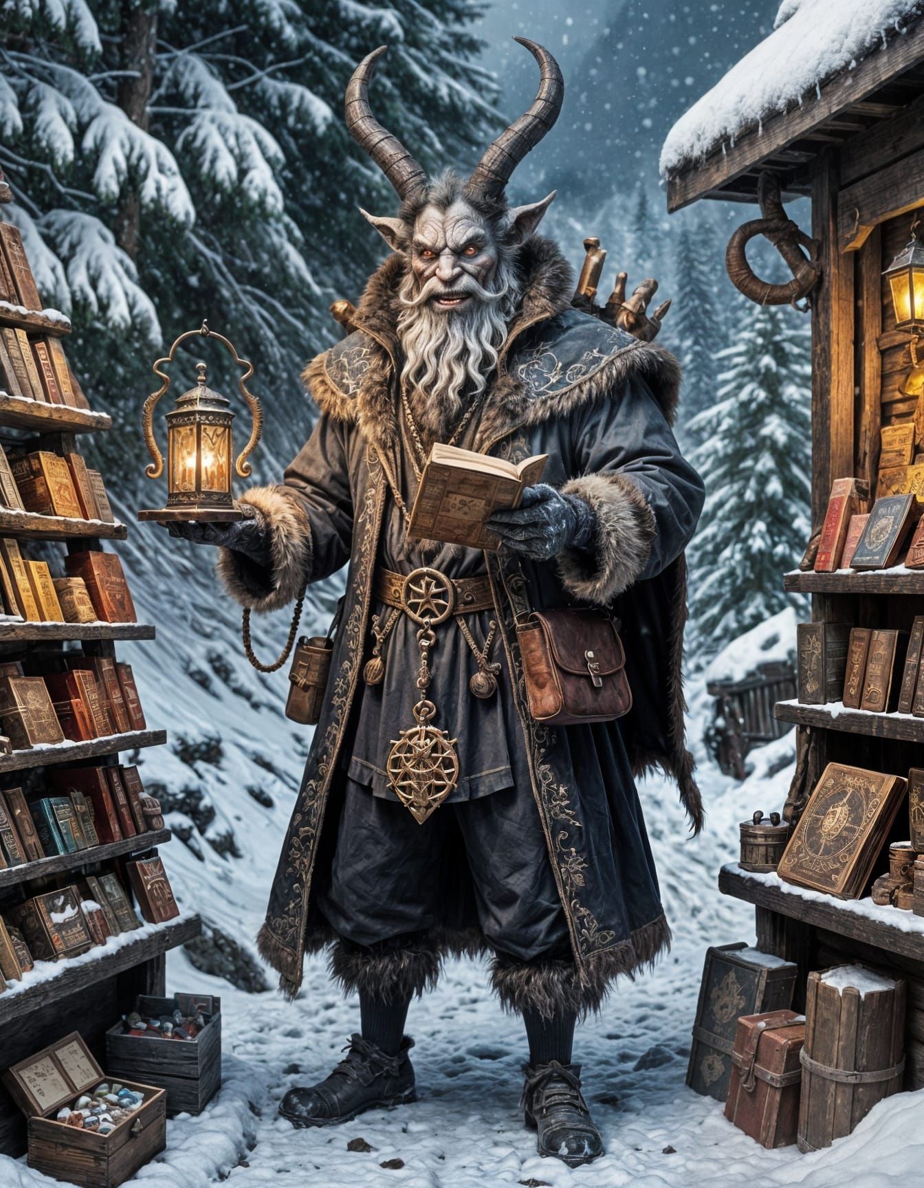 Krampus Merchant in Snowy Mountain Pass