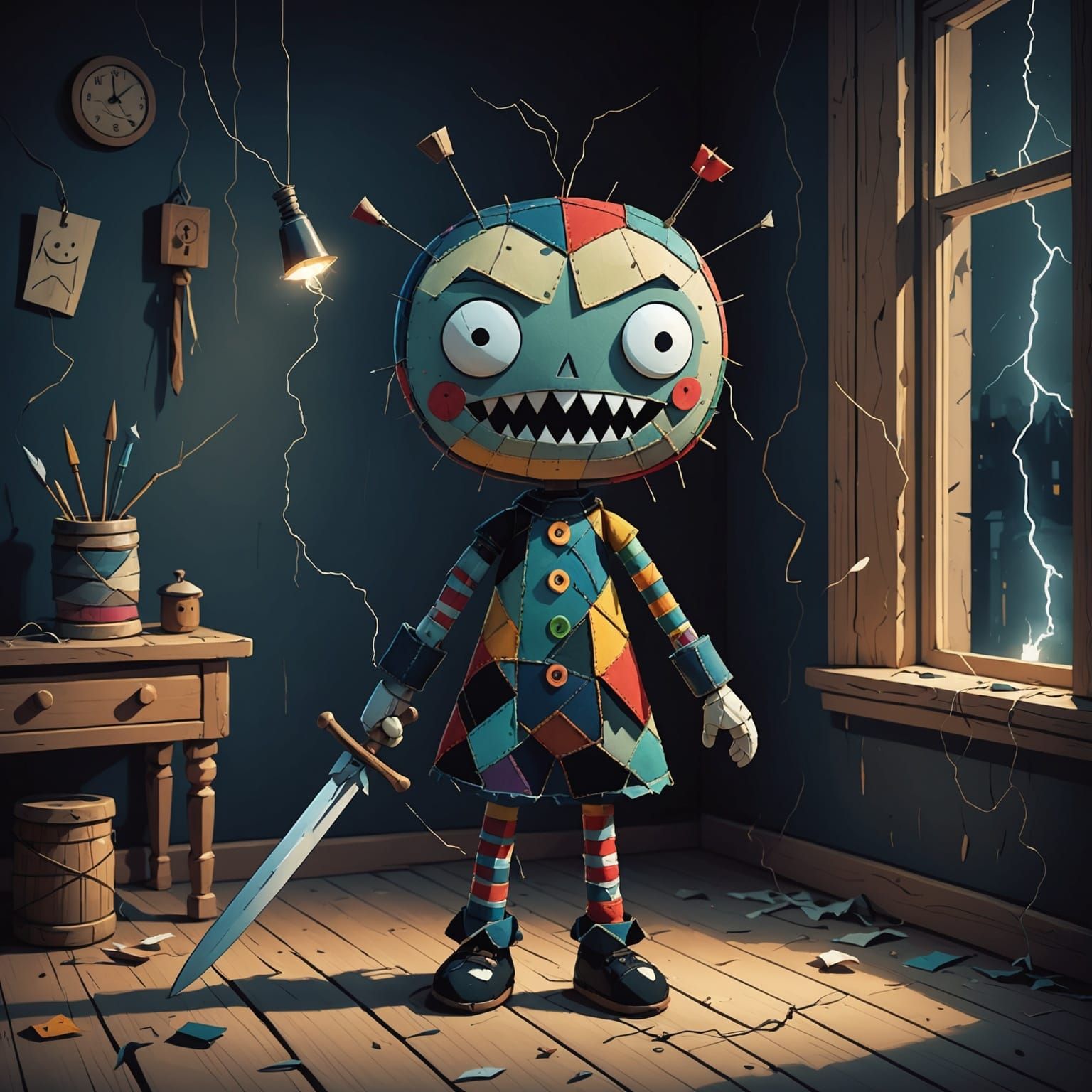 Creepy-Cute Patchwork Doll with Needle Sword in Dark Room