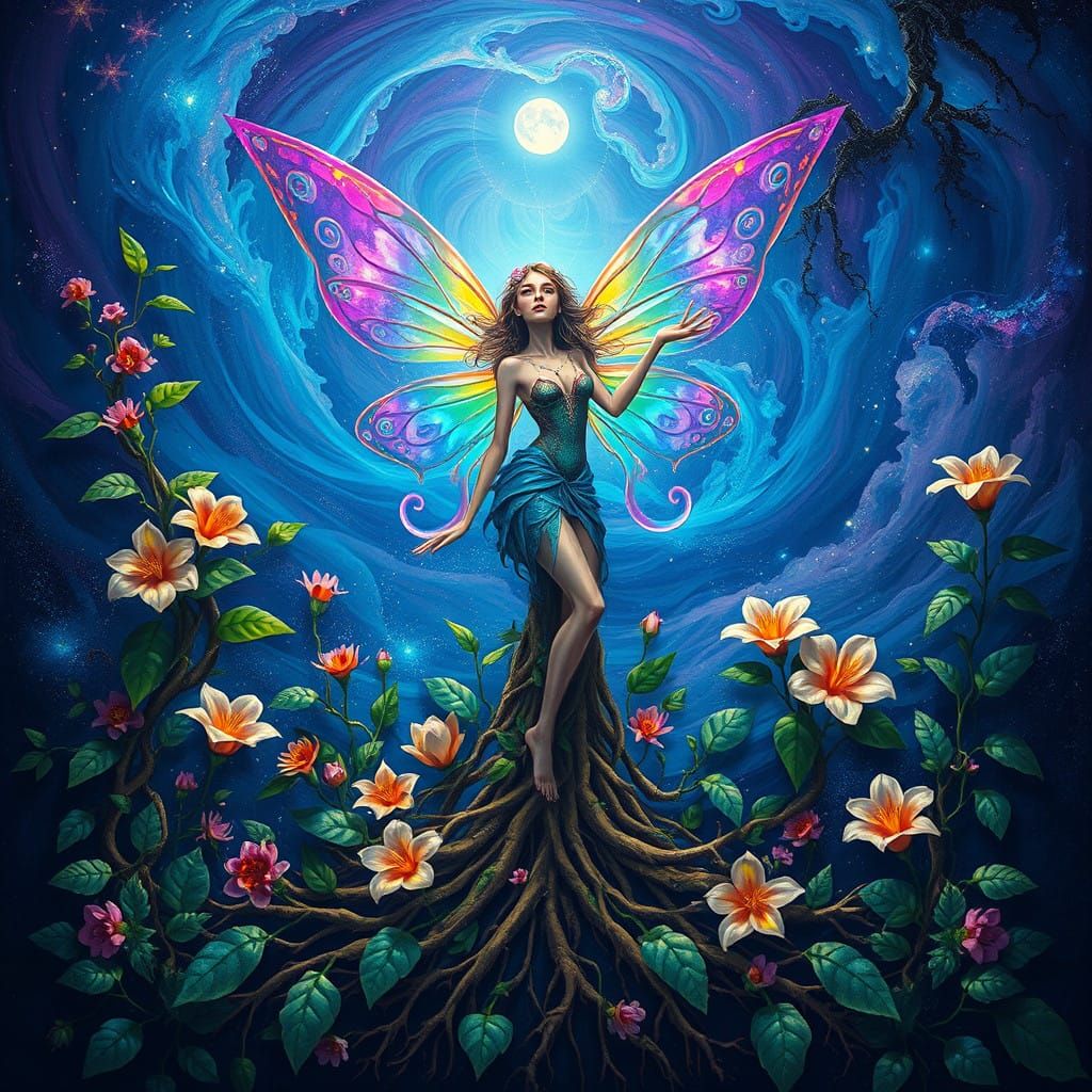 Earth Goddess Fairy in Vibrant Cosmic Landscape