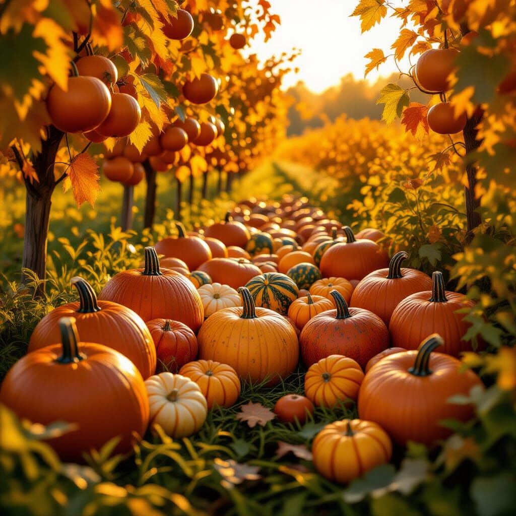 Bountiful Autumn Harvest in Sun-Drenched Orchard