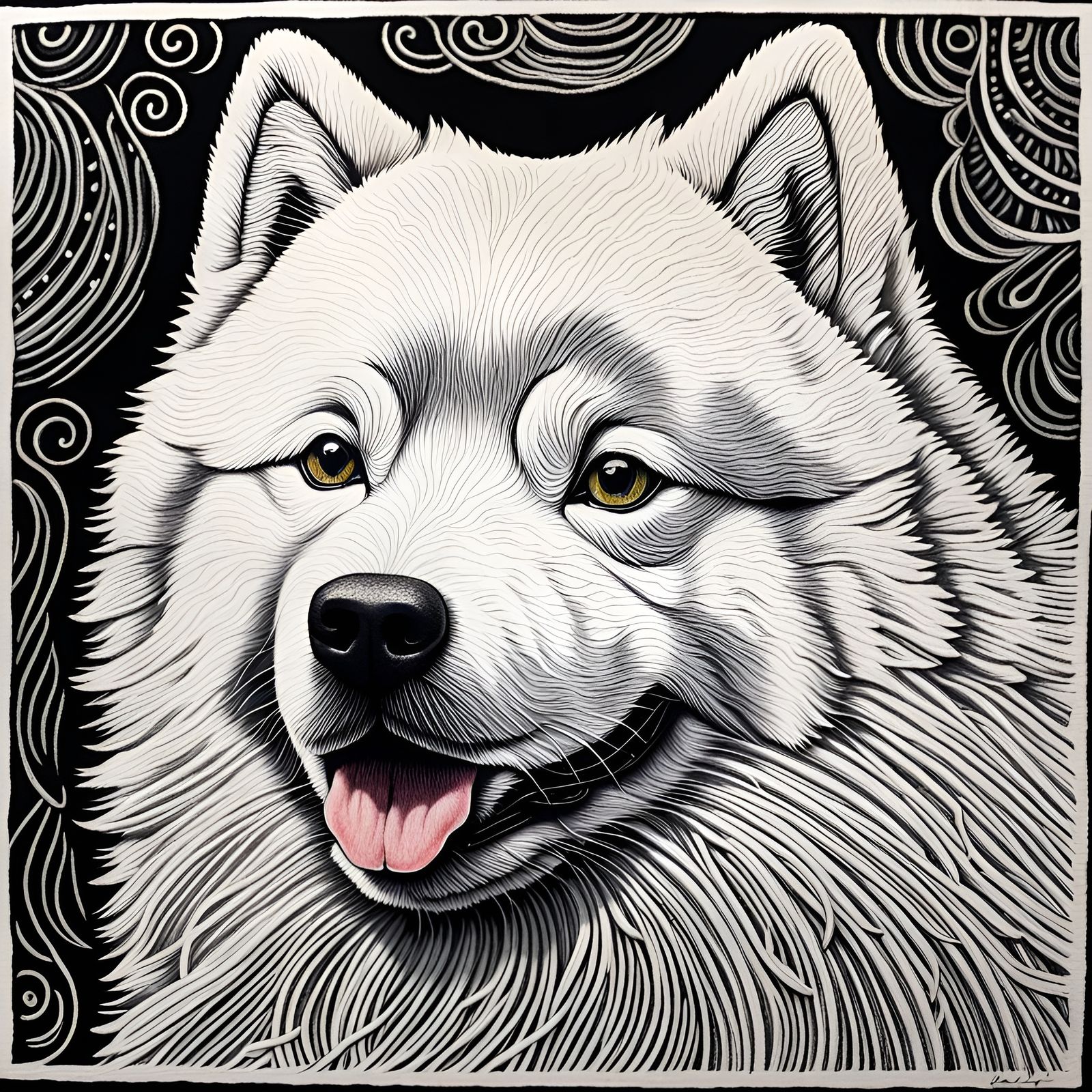 Detailed Scratchboard Art of a Samoyed Head