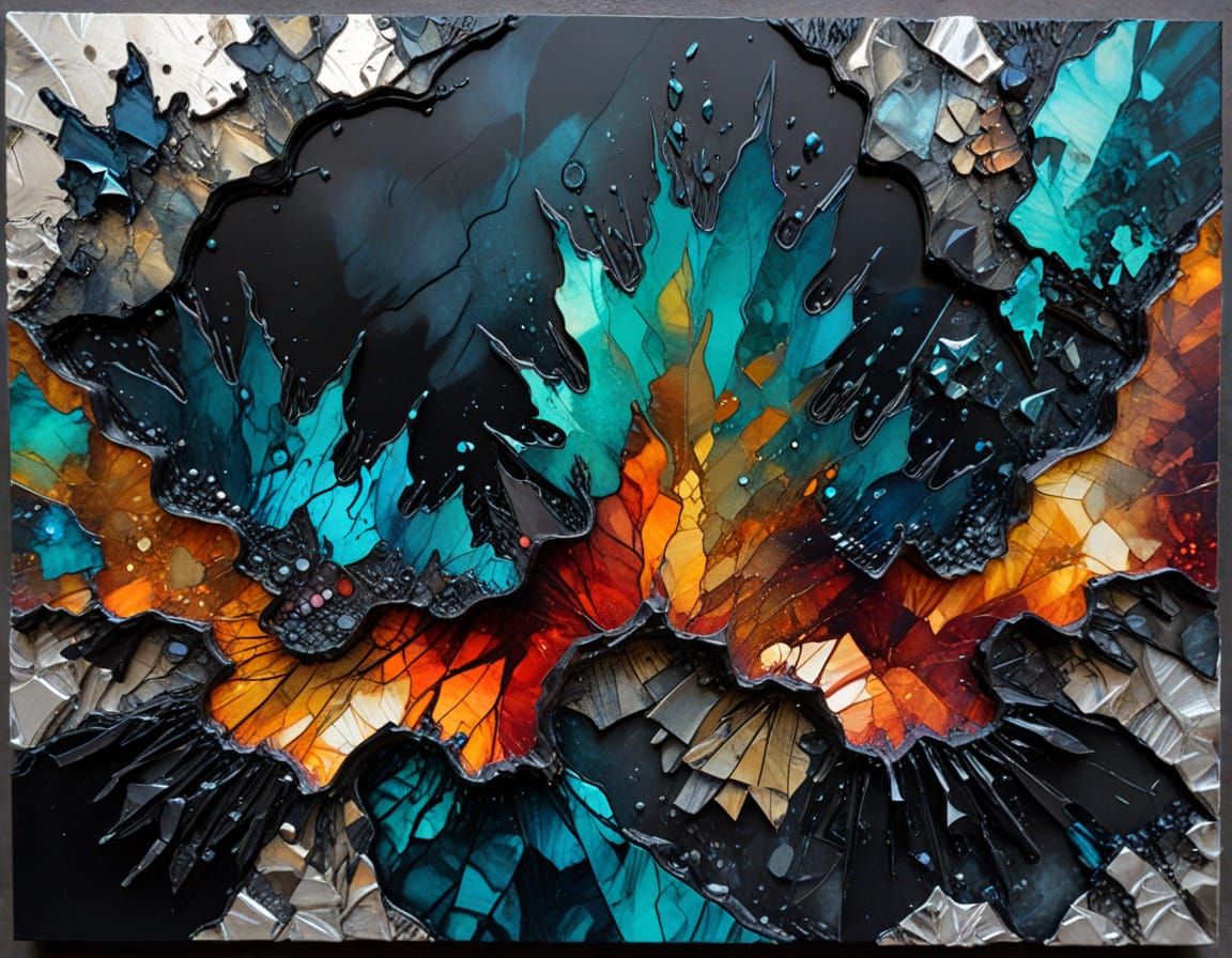 Textured 3D Collage Art with Prismatic Glass in Impasto