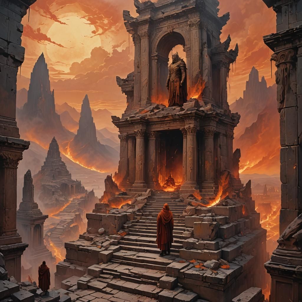 Brooding Figure Amidst Ruined Temple Landscape