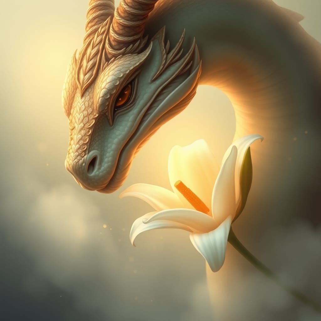 Benevolent Dragon Admires Lily in Ethereal Mist