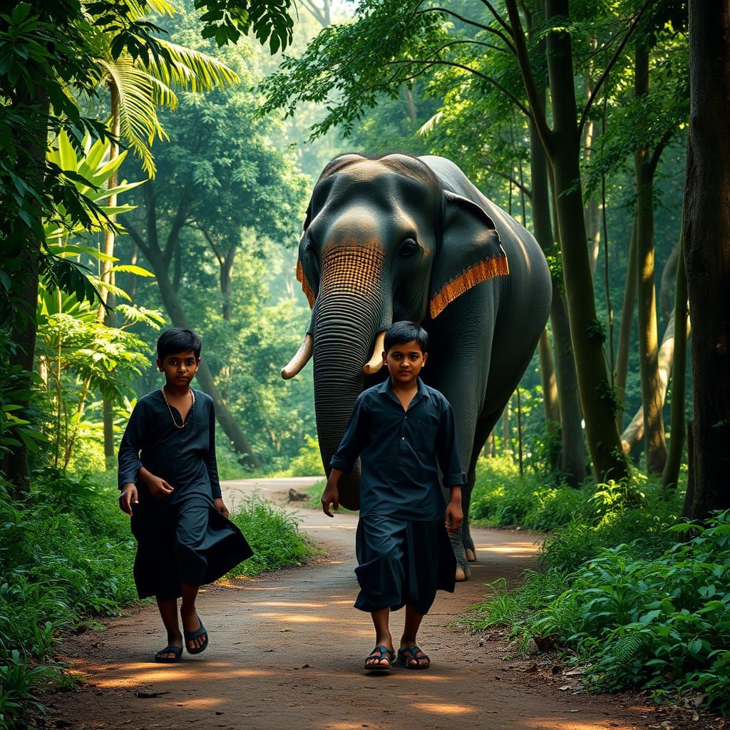South Indian Boys Walk to Sabarimala with Majestic Elephant