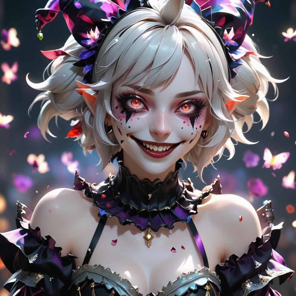 Eerie Jester Girl in Hyper-Realistic 3D Anime Art