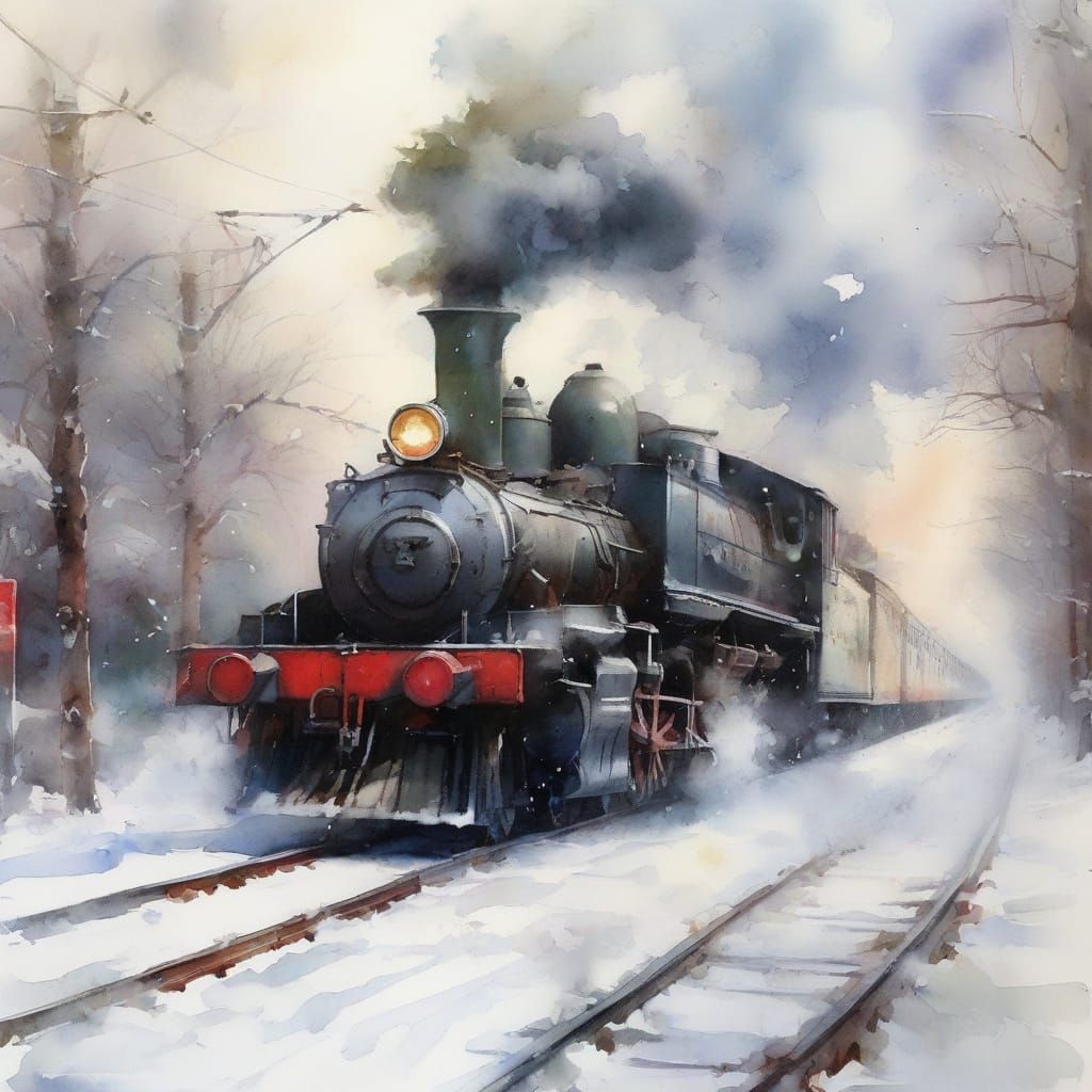 Watercolor Train Clearing Snowy Tracks in Blizzard