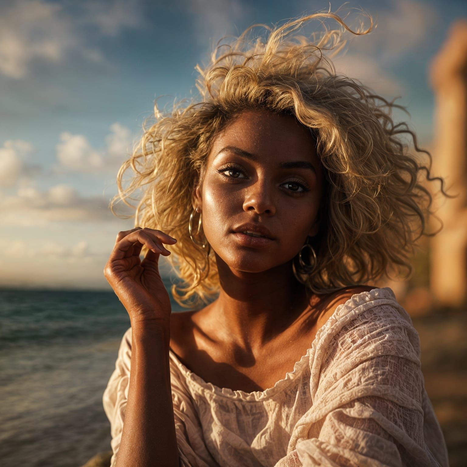 Sensual Woman in Wet Dress Coastal Scene