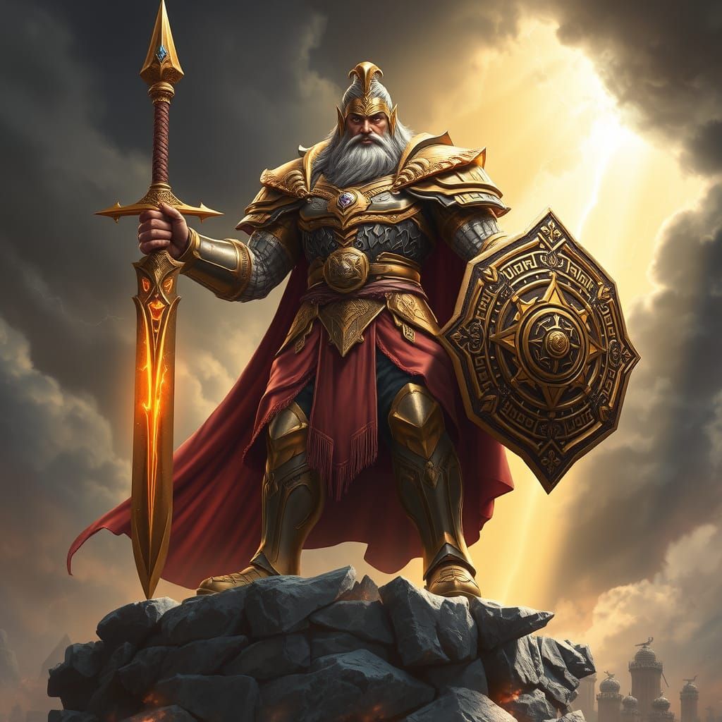 Ancient Warrior Towers Over Divine Battlefield