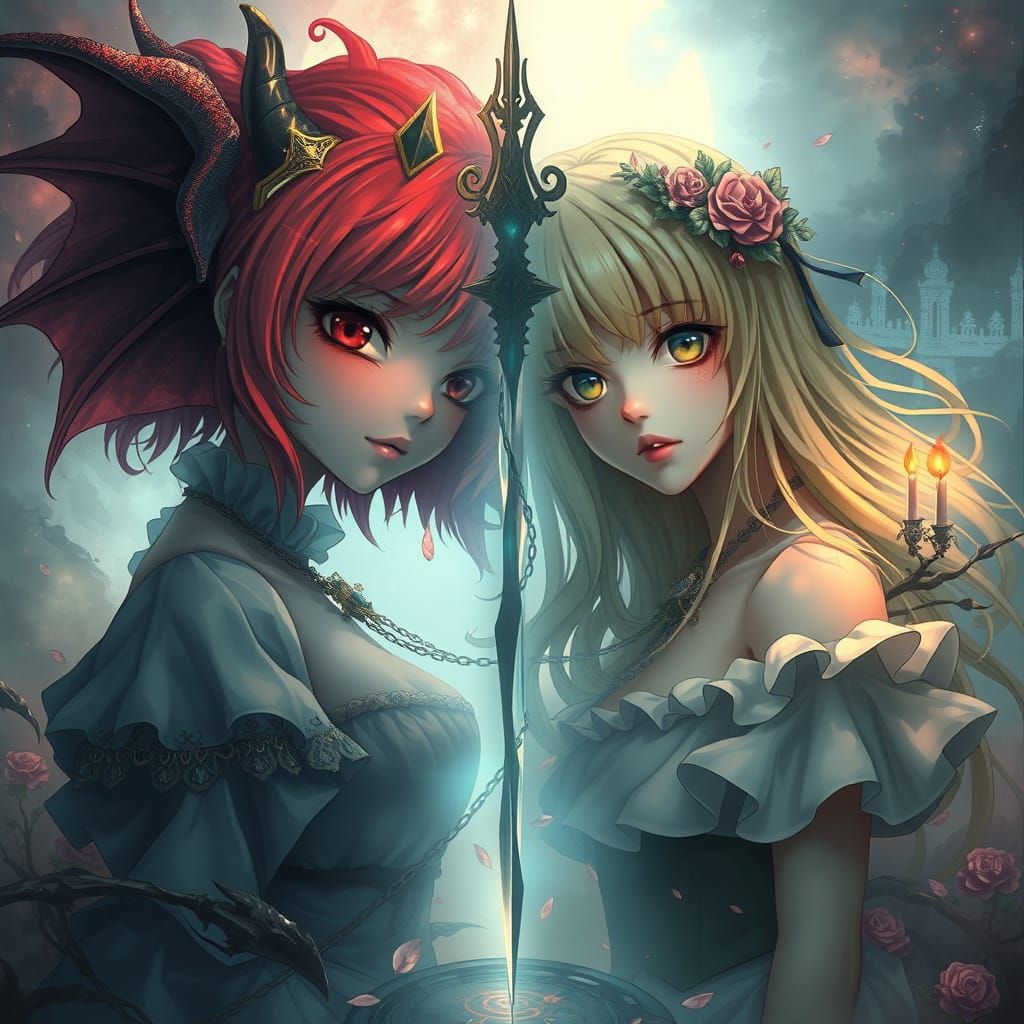 Ethereal Anime Girl Reflects Dual Selves in Whimsical Fantas...