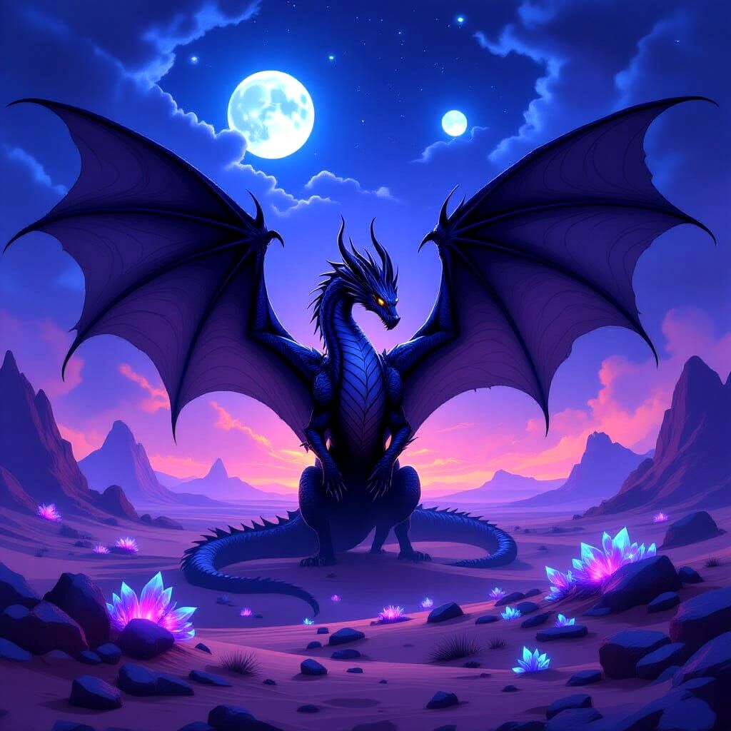 Obsidian Dragon Over Crystalline Desert