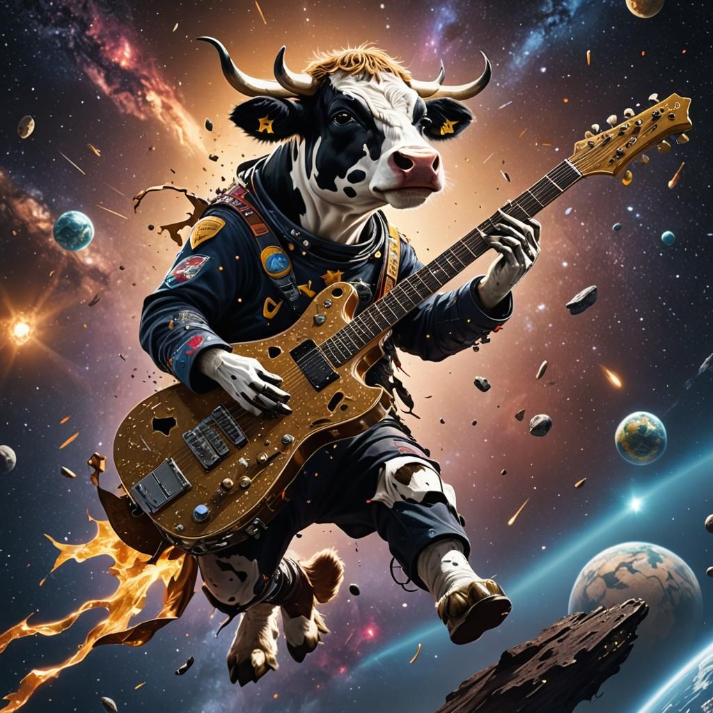 Cow Rockstar Shreds Guitar in Outer Space