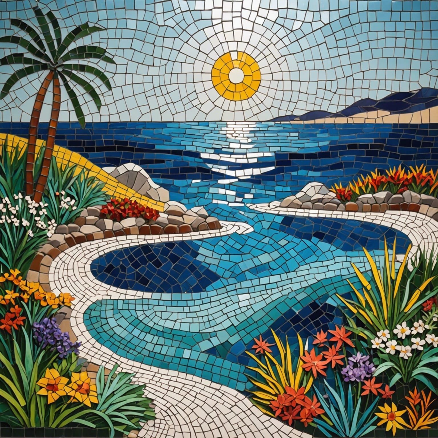 Colorful Glass Mosaic of Seaside Landscape