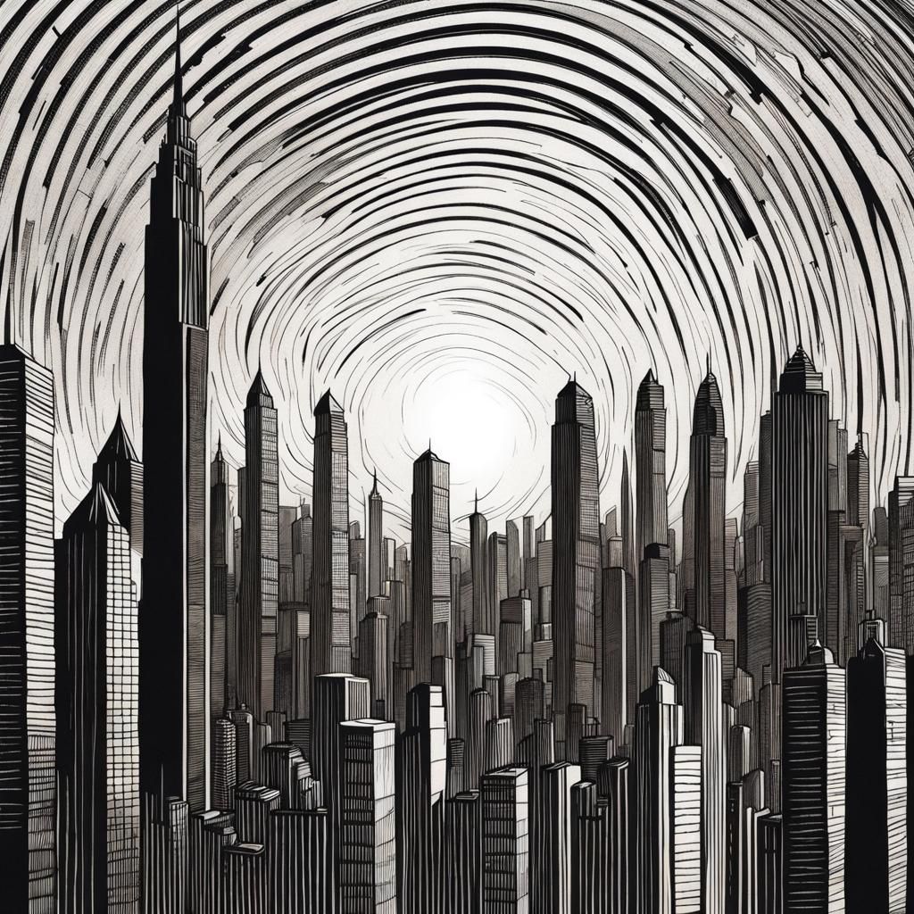 Monochrome Cityscape with Spiral Sun: Ink Drawing