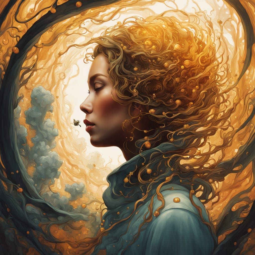 Honey Beekeeper in Amber Droplet, Surrealism Style