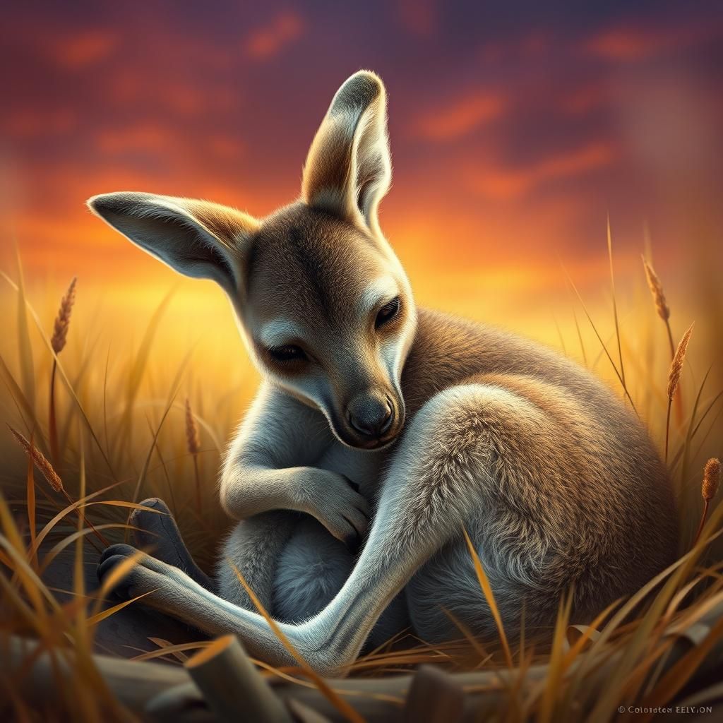 Baby Kangaroo Sleeping in Savanna: Hyperrealistic Splash Art