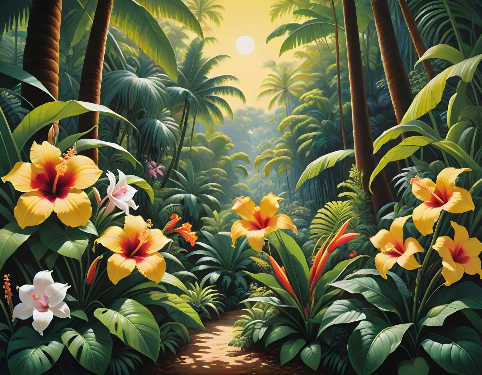 Vibrant Tropical Forest in Oil Painting Style