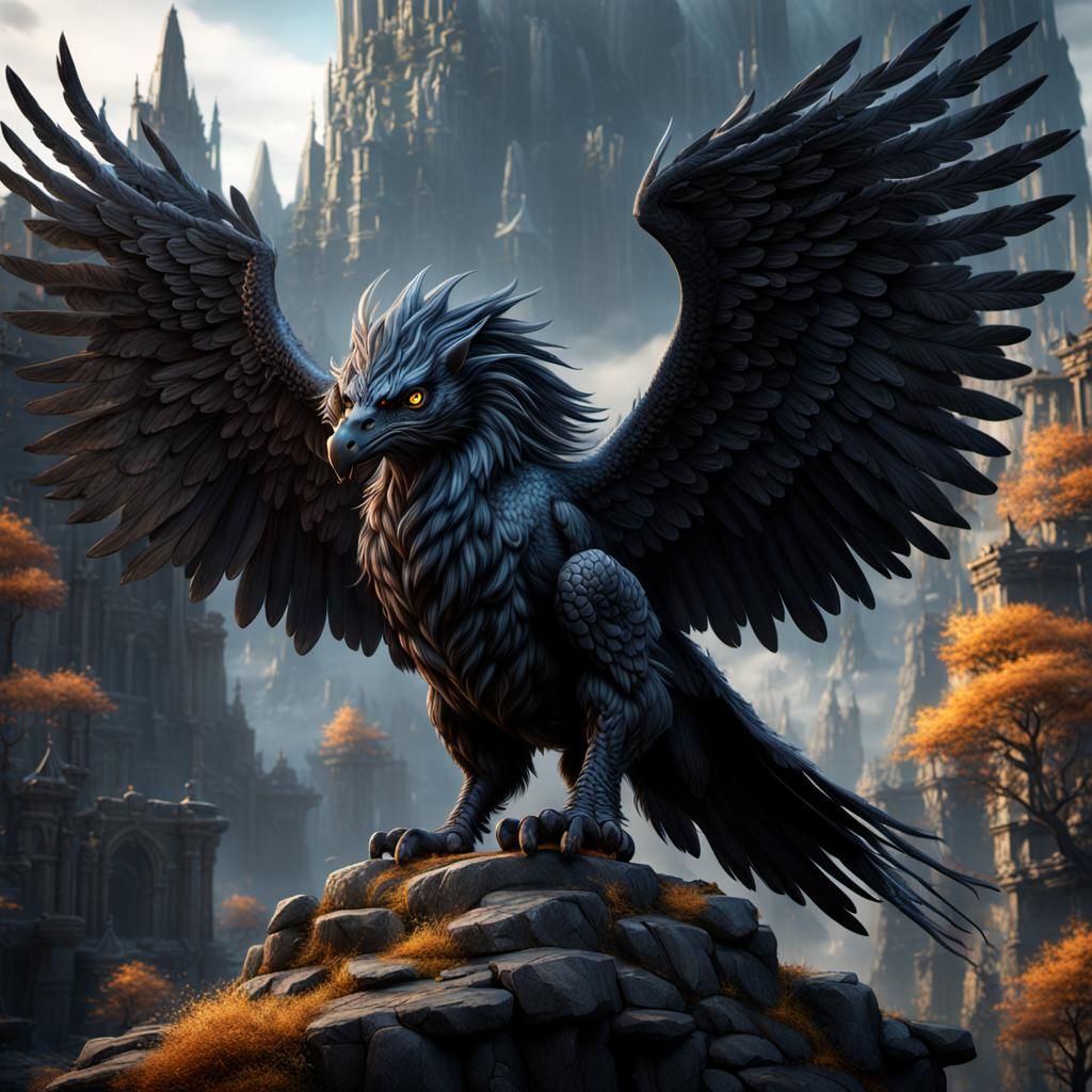 Fantastical Black Hippogriff in Detailed Matte Painting