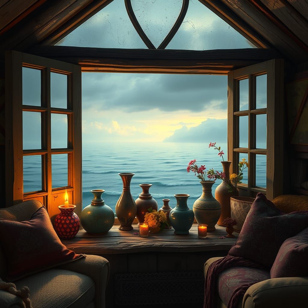 Cozy Cottage Interior with Whimsical Vases and Sea View