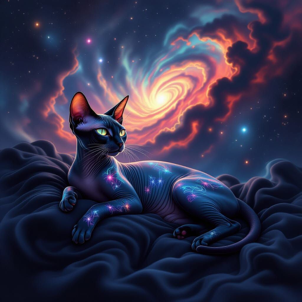 Cosmic Sphynx Cat in Surreal Digital Art Style
