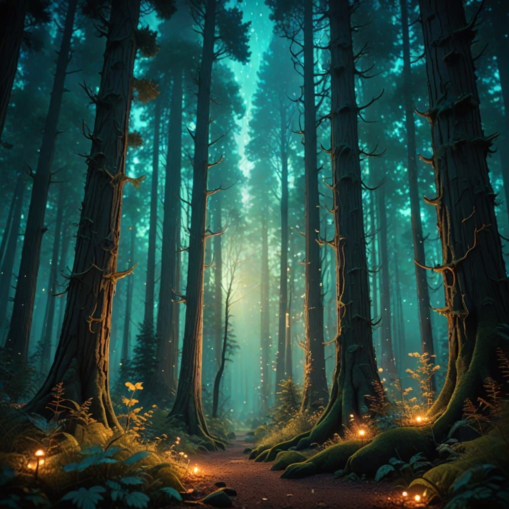 Whimsical Redwood Forest Scene with Faeries and Glowing Eyes