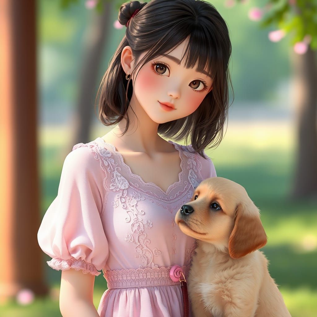Model with Puppy in Anime-Inspired 3D Art