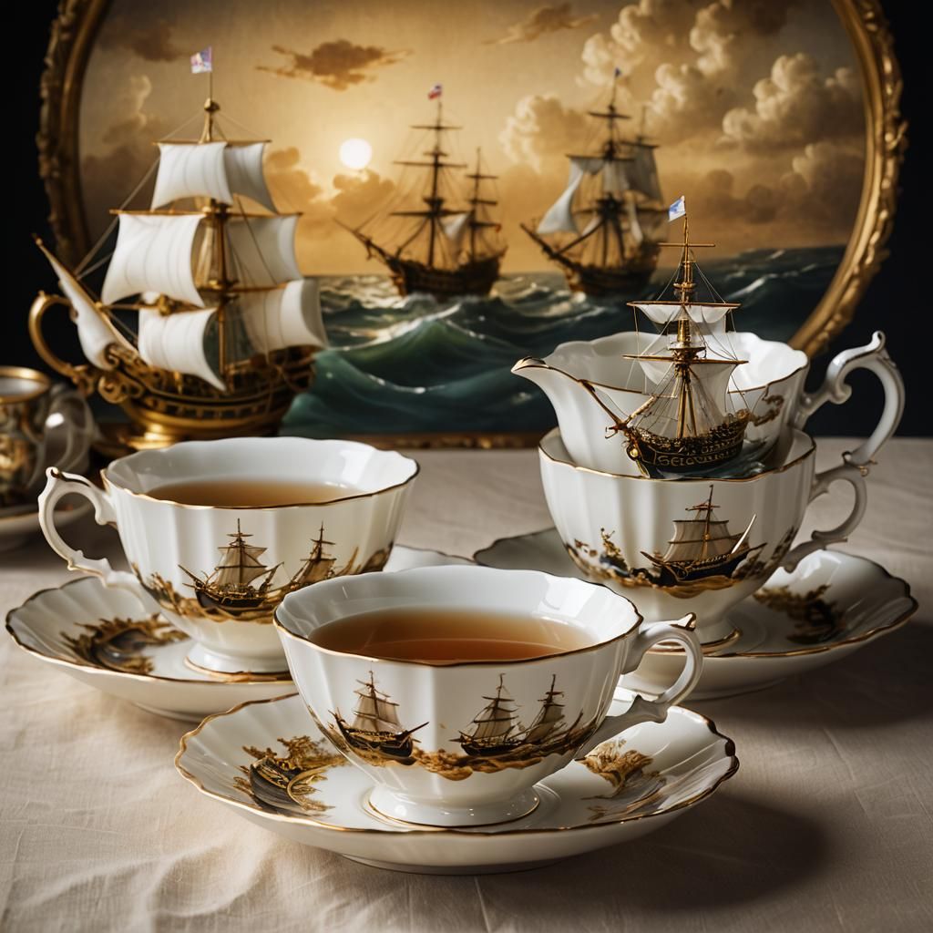 Teacup Naval Battle in Impressionist Style