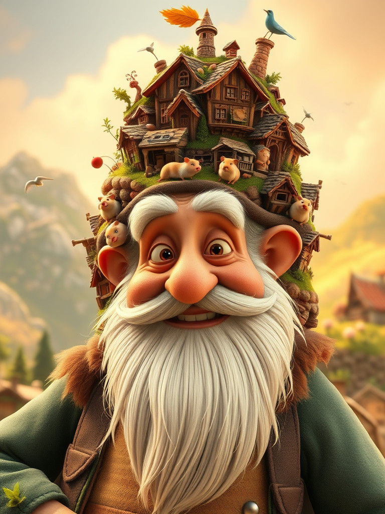 Whimsical Old Man with Village Hat in Cartoon Style