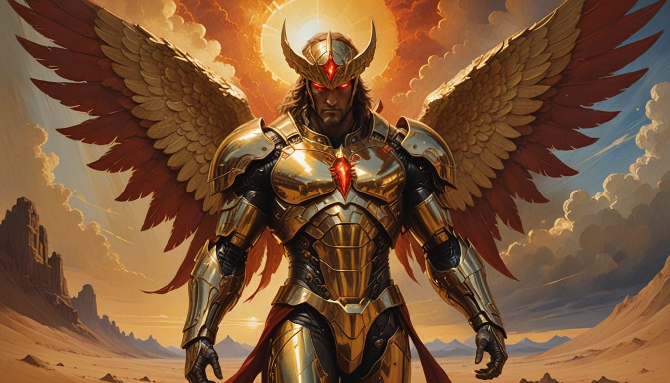 Golden Angel Warrior with Majestic Wings and High-Tech Armor