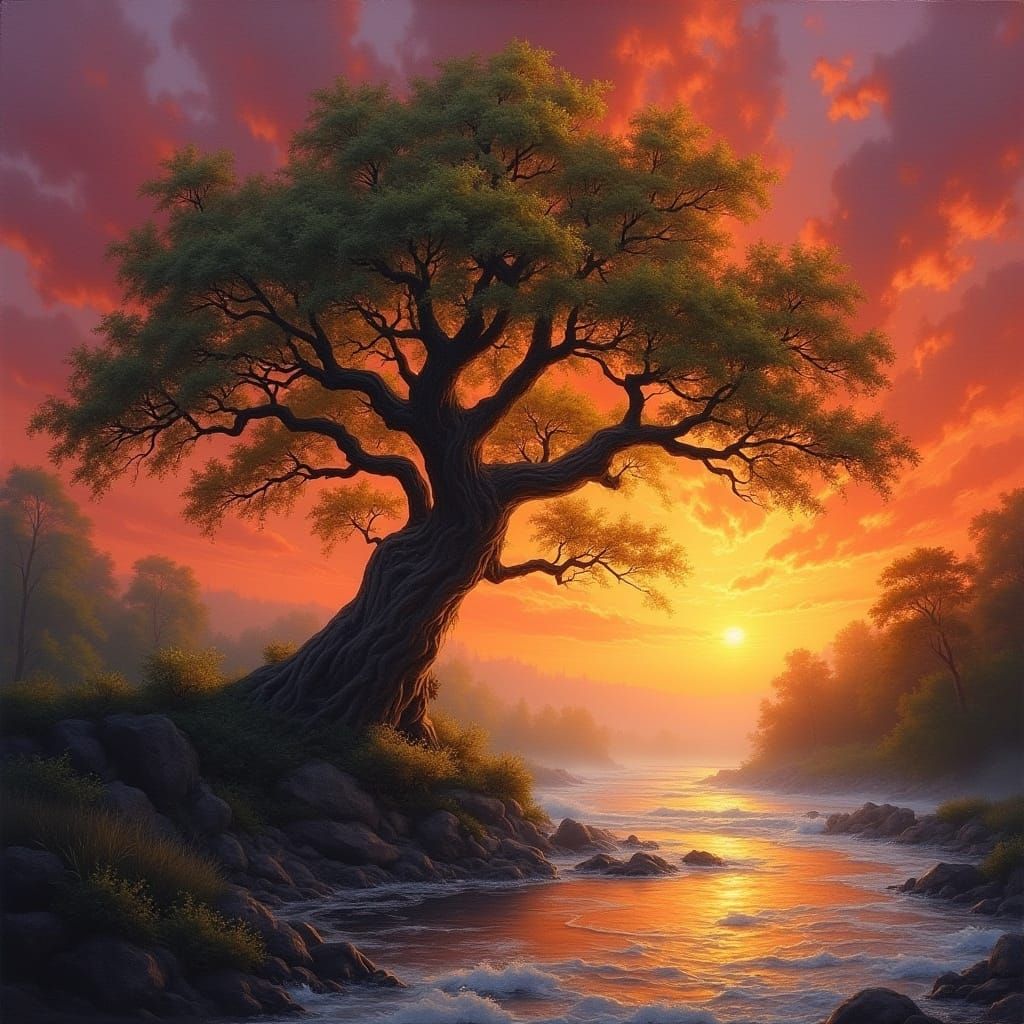 Ancient Oak by Crimson Sunset River
