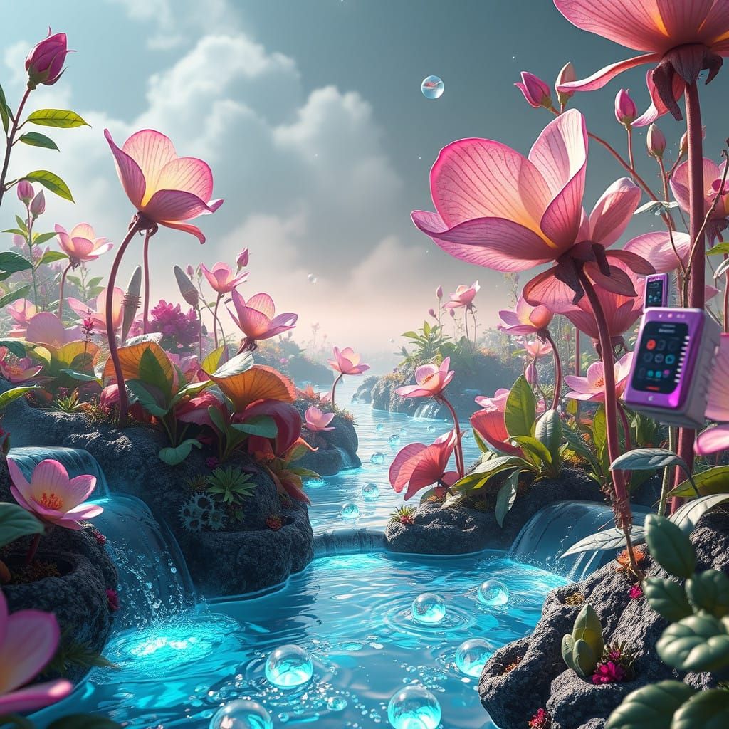 Surreal Bio-Mechanical Garden Blooms with Iridescent Technol...